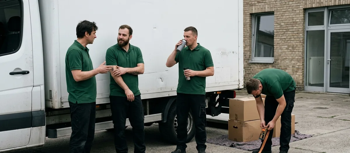 Vier Männer in grünen Poloshirts machen Pause am Transporter, einer rollt einen Spanngurt auf