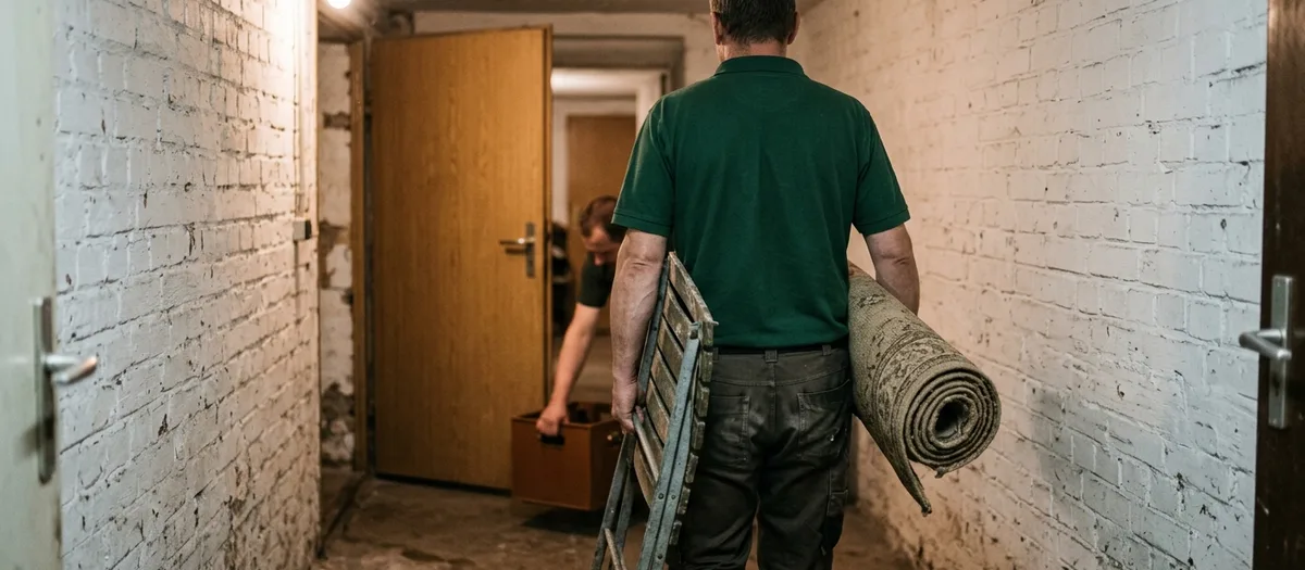 Mitarbeiter trägt Teppichrolle und Klapptritt durch einen Kellergang, ein Kollege packt hinten eine Kiste