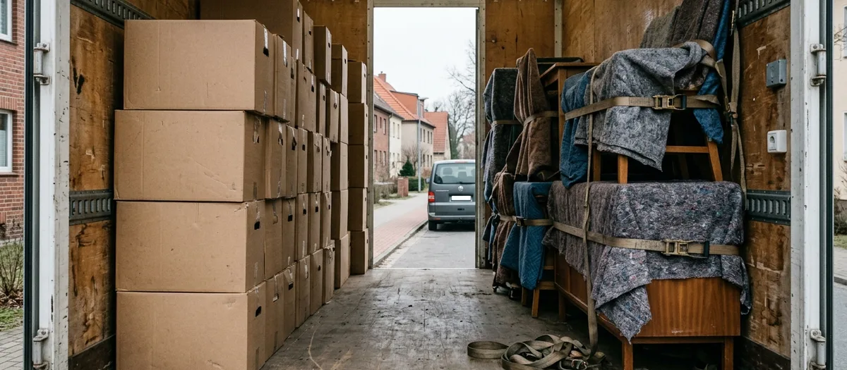 Blick aus dem Laderaum: links gestapelte Kartons, rechts mit Decken und Spanngurten gesicherte Möbel