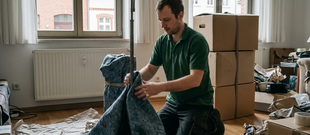 Mitarbeiter schlägt eine Möbeldecke um ein Möbelstück, daneben gegurtete Kartonstapel und Packpapier