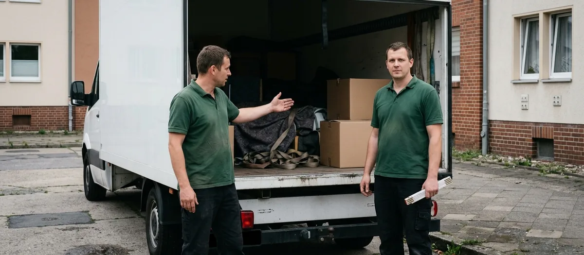 Zwei Männer besprechen die Ladung am offenen Heck des Kofferwagens, einer hält einen Zollstock
