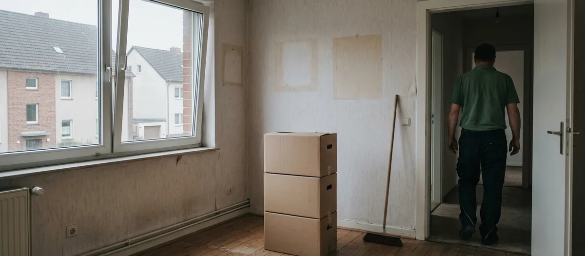 Leergeräumtes Zimmer mit drei gestapelten Kartons, ein Besen an der Wand, ein Mann geht durch die Tür