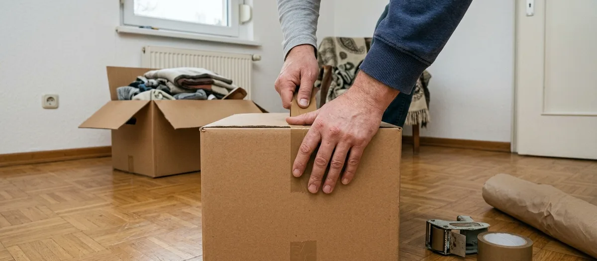 Zwei Hände kleben einen Umzugskarton auf Parkett zu, daneben Klebebandabroller und Packpapierrolle