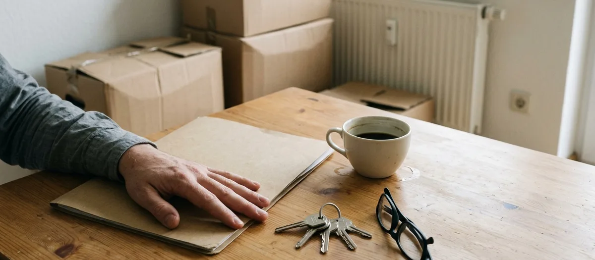Hand auf einer aufgeschlagenen Mappe am Küchentisch, daneben Schlüsselbund, Brille und Kaffeetasse vor Kartons