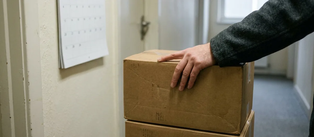 Hand liegt auf gestapelten Umzugskartons im Flur, an der Wand hängt ein Wandkalender
